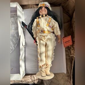 Handcrafted Native American Doll with Black Hair and Cream Outfit, NWT